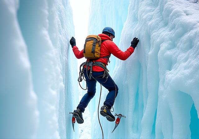 Un alpinista che scala una parete di ghiaccio verticale con due piccozze.