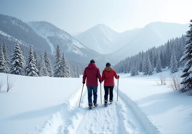 Coppia che ciaspola su neve fresca con vista sulle montagne innevate.