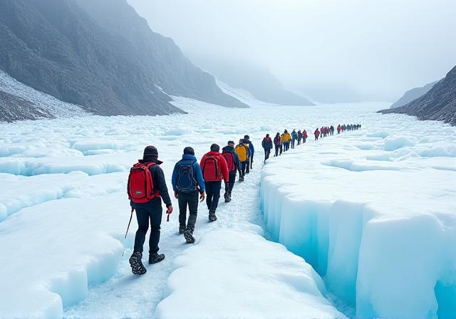 Gruppo di persone con ramponi che cammina in fila su un vasto ghiacciaio.