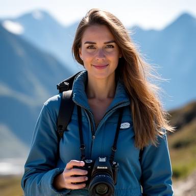 Ritratto di Giulia De Rossi con la sua macchina fotografica sulle Alpi.