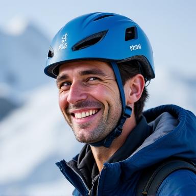 Ritratto sorridente di Matteo Vercellin con un casco da alpinismo.